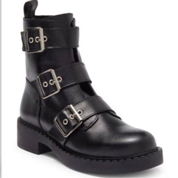 STEVE MADDEN Arlette Triple Buckle Boot In Black Leather Size 9 Moto Combat - Picture 1 of 8